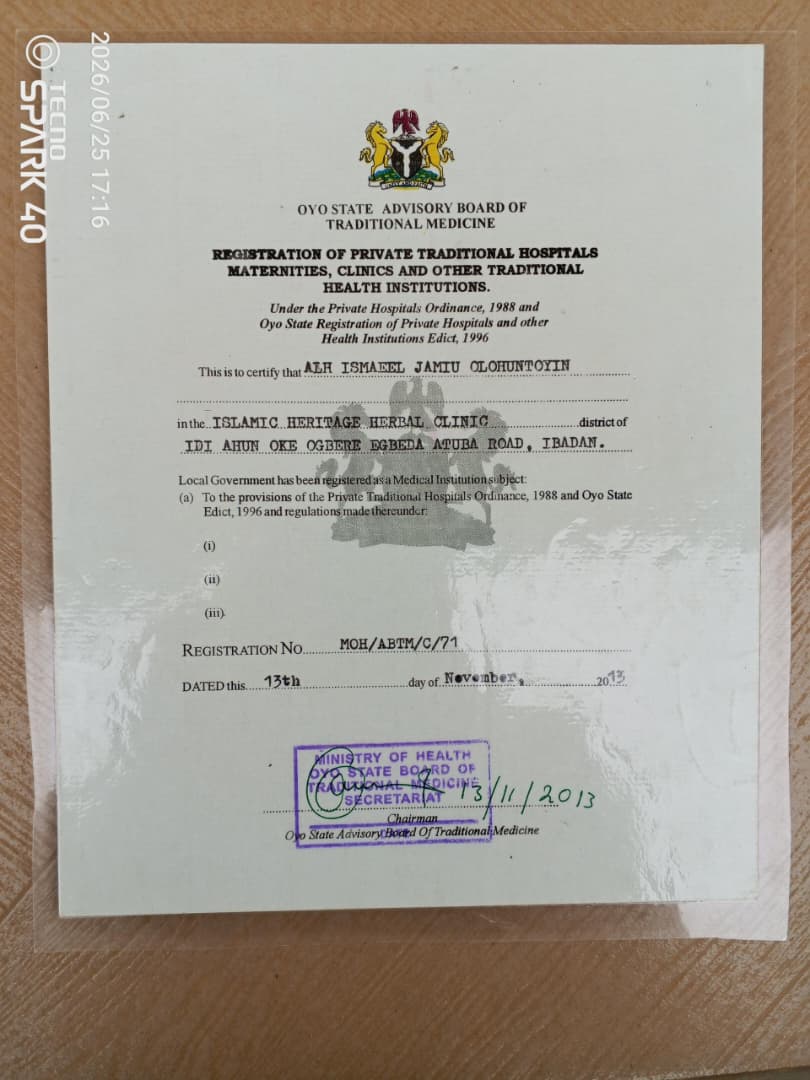 Certificate of recognition awarded to Islamic Heritage Herbal Clinic's Director