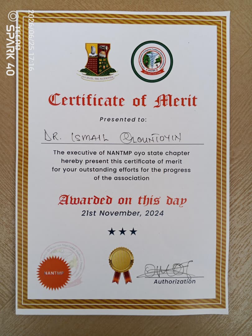 Certificate of recognition awarded to Islamic Heritage Herbal Clinic's Director