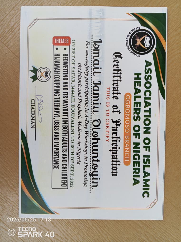 Certificate of recognition awarded to Islamic Heritage Herbal Clinic's Director