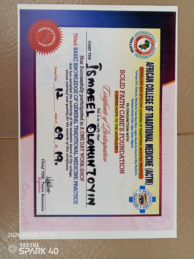 Certificate of recognition awarded to Islamic Heritage Herbal Clinic's Director