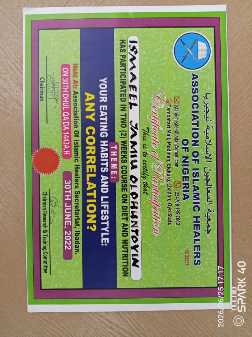Certificate of recognition awarded to Islamic Heritage Herbal Clinic's Director