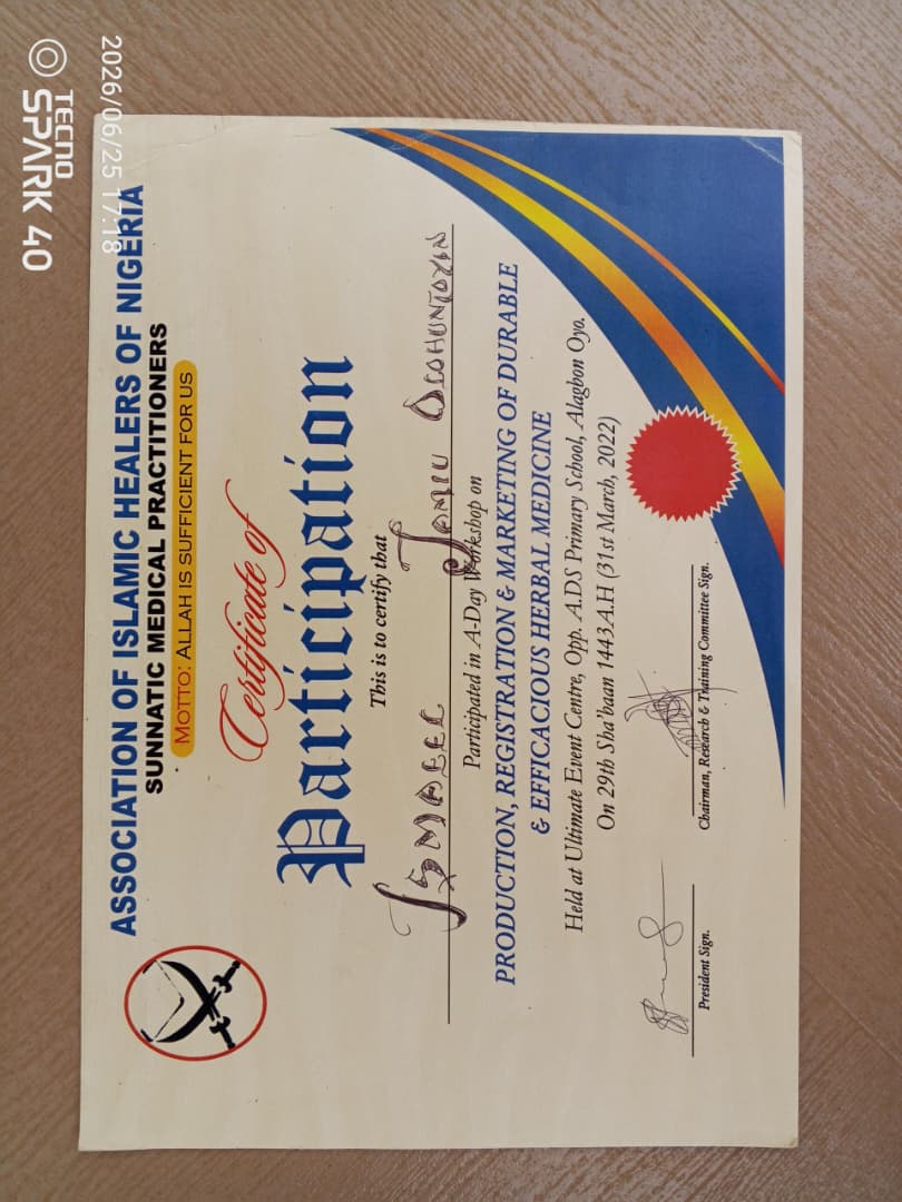 Certificate of Participation — Association of Islamic Healers of Nigeria