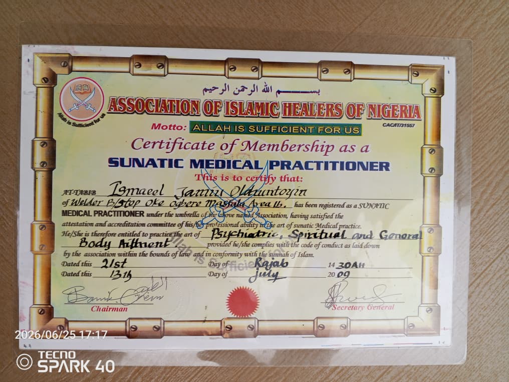Certificate of recognition awarded to Islamic Heritage Herbal Clinic's Director