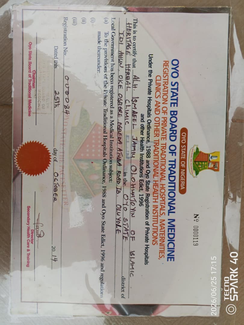 Certificate of recognition awarded to Islamic Heritage Herbal Clinic's Director