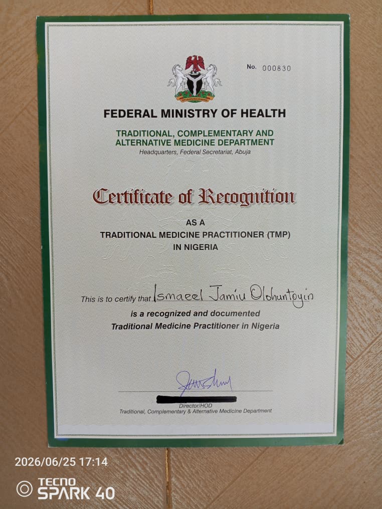 Certificate of recognition awarded to Islamic Heritage Herbal Clinic's Director
