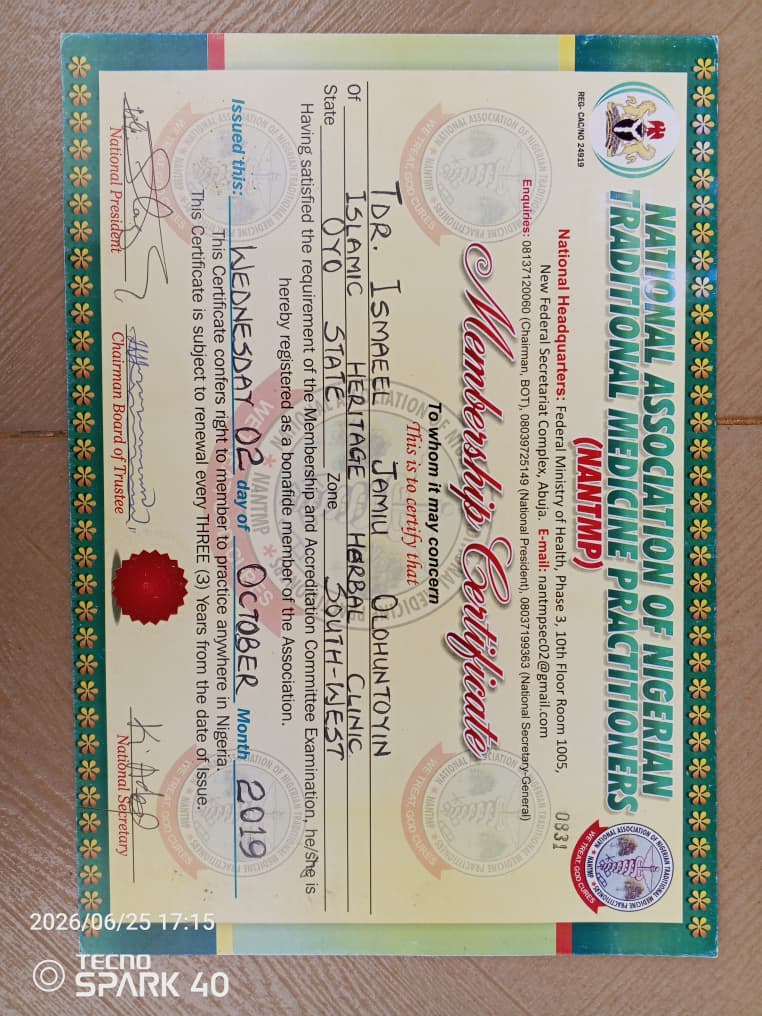 Certificate of recognition awarded to Islamic Heritage Herbal Clinic's Director