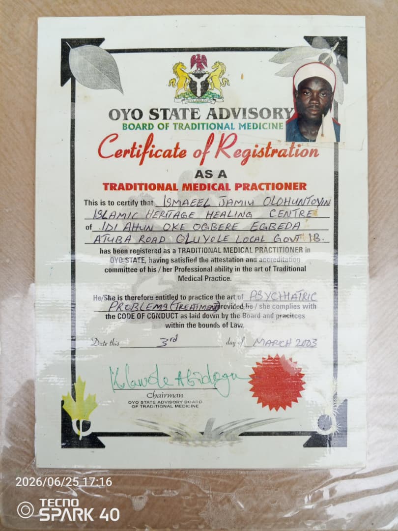 Certificate of recognition awarded to Islamic Heritage Herbal Clinic's Director